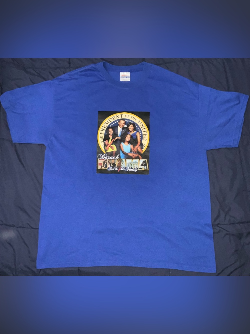 OBAMA - Hanes Royal Blue Short Sleeve Tee with 1ST Family Portrait Graphic